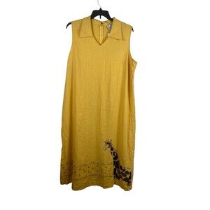 VTG Kemp Yellow Linen Blend Midi Dress 22W Sleeveless Giraffe Embroidered NWT